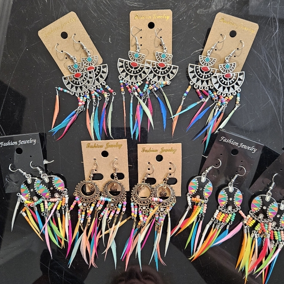 8 Pairs of Bohemian Style Colorful Feather Fashion Jewelry Earrings Lot Costume - Picture 16 of 16